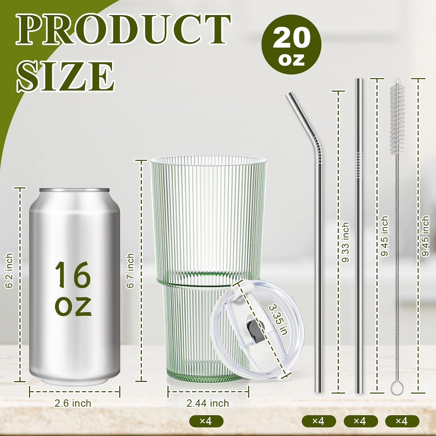 6 Pcs 20oz Plastic Ribbed Tumblers with Lid and Straws Green Plastic Reusable Iced Coffee Cups with Lid Unbreakable Vintage Ribbed Drinking Glasses Tumbler for Juice Smoothie Beverage with Clean Brush