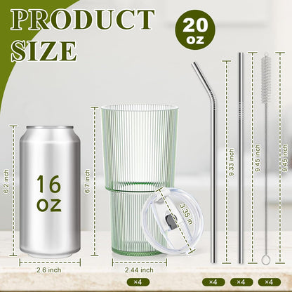 6 Pcs 20oz Plastic Ribbed Tumblers with Lid and Straws Green Plastic Reusable Iced Coffee Cups with Lid Unbreakable Vintage Ribbed Drinking Glasses Tumbler for Juice Smoothie Beverage with Clean Brush