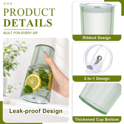 6 Pcs 20oz Plastic Ribbed Tumblers with Lid and Straws Green Plastic Reusable Iced Coffee Cups with Lid Unbreakable Vintage Ribbed Drinking Glasses Tumbler for Juice Smoothie Beverage with Clean Brush