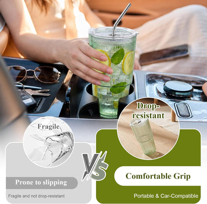 6 Pcs 20oz Plastic Ribbed Tumblers with Lid and Straws Green Plastic Reusable Iced Coffee Cups with Lid Unbreakable Vintage Ribbed Drinking Glasses Tumbler for Juice Smoothie Beverage with Clean Brush