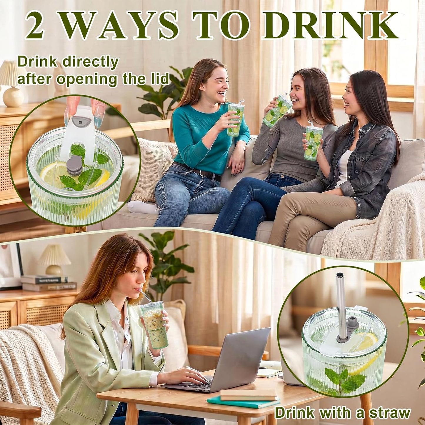 6 Pcs 20oz Plastic Ribbed Tumblers with Lid and Straws Green Plastic Reusable Iced Coffee Cups with Lid Unbreakable Vintage Ribbed Drinking Glasses Tumbler for Juice Smoothie Beverage with Clean Brush