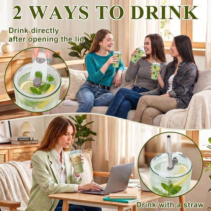 6 Pcs 20oz Plastic Ribbed Tumblers with Lid and Straws Green Plastic Reusable Iced Coffee Cups with Lid Unbreakable Vintage Ribbed Drinking Glasses Tumbler for Juice Smoothie Beverage with Clean Brush