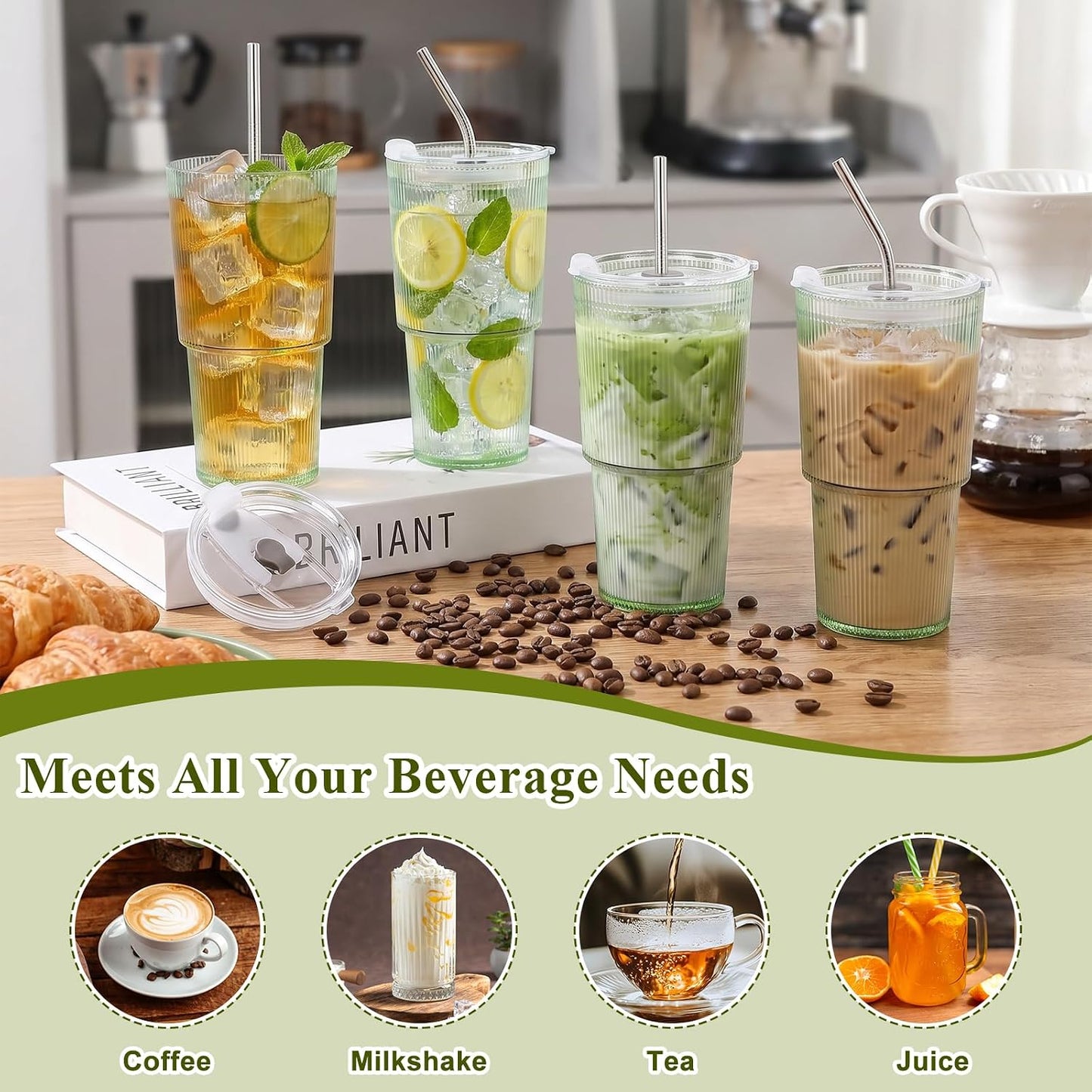 6 Pcs 20oz Plastic Ribbed Tumblers with Lid and Straws Green Plastic Reusable Iced Coffee Cups with Lid Unbreakable Vintage Ribbed Drinking Glasses Tumbler for Juice Smoothie Beverage with Clean Brush