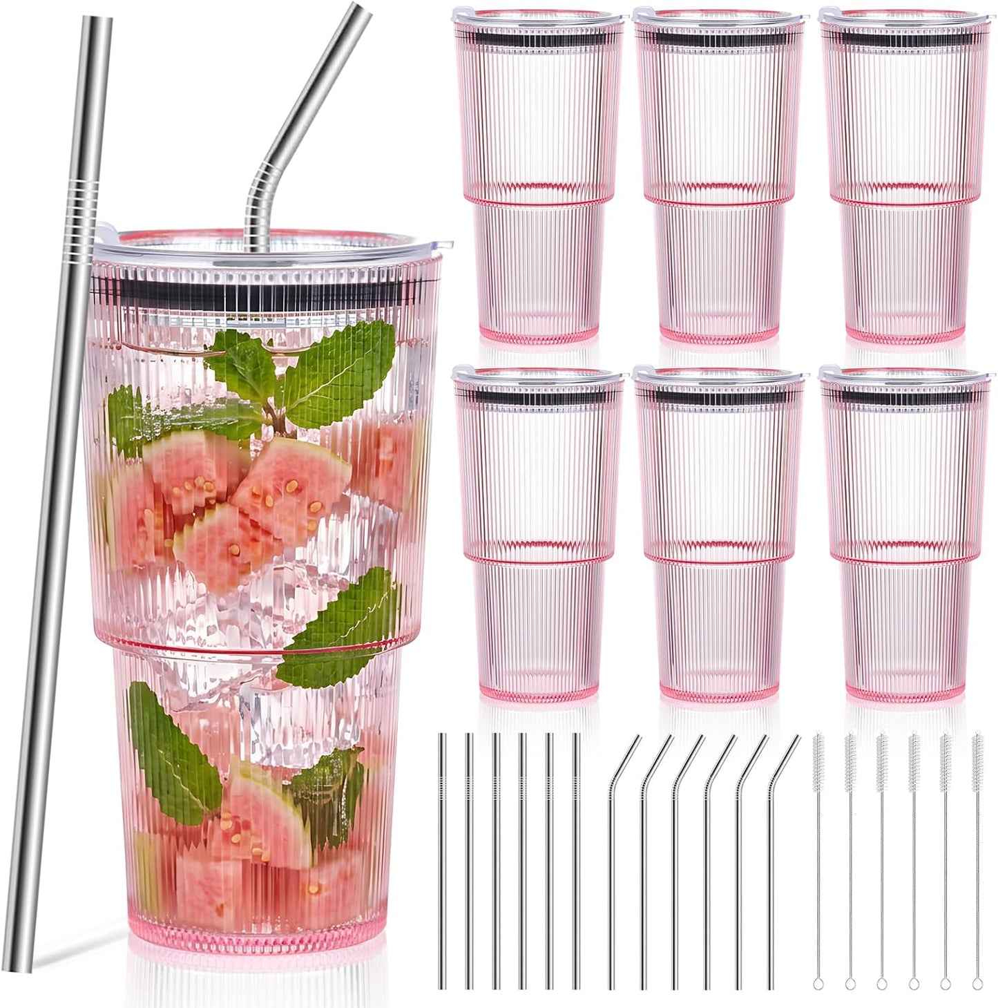 6 Pcs 20oz Plastic Ribbed Tumblers with Lid and Straws Green Plastic Reusable Iced Coffee Cups with Lid Unbreakable Vintage Ribbed Drinking Glasses Tumbler for Juice Smoothie Beverage with Clean Brush