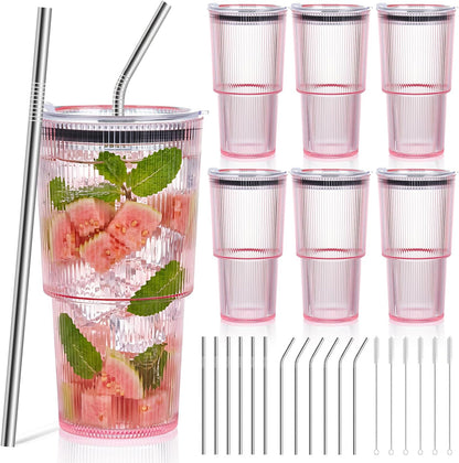 6 Pcs 20oz Plastic Ribbed Tumblers with Lid and Straws Green Plastic Reusable Iced Coffee Cups with Lid Unbreakable Vintage Ribbed Drinking Glasses Tumbler for Juice Smoothie Beverage with Clean Brush