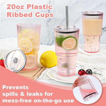 6 Pcs 20oz Plastic Ribbed Tumblers with Lid and Straws Green Plastic Reusable Iced Coffee Cups with Lid Unbreakable Vintage Ribbed Drinking Glasses Tumbler for Juice Smoothie Beverage with Clean Brush