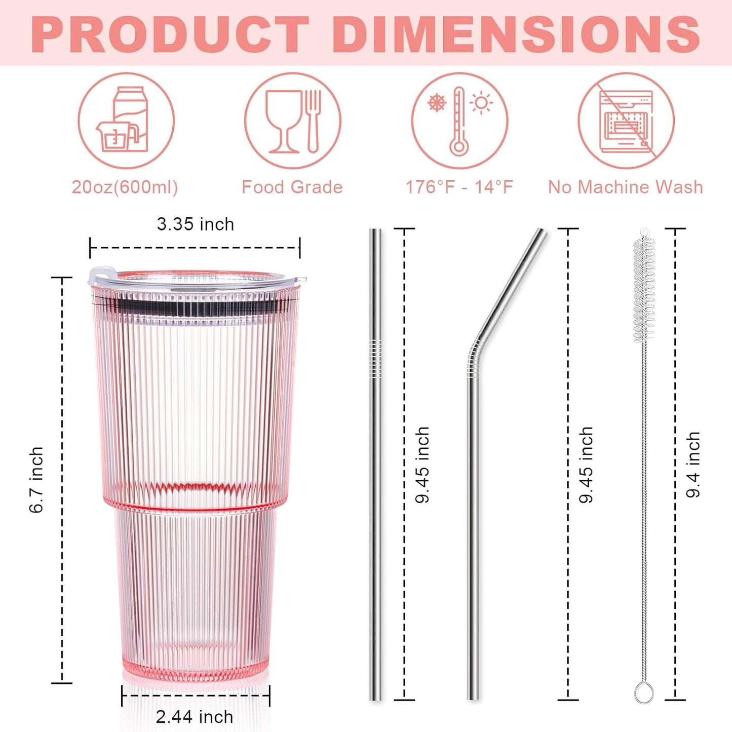 6 Pcs 20oz Plastic Ribbed Tumblers with Lid and Straws Green Plastic Reusable Iced Coffee Cups with Lid Unbreakable Vintage Ribbed Drinking Glasses Tumbler for Juice Smoothie Beverage with Clean Brush