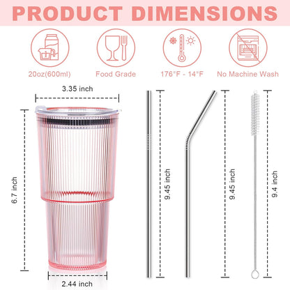 6 Pcs 20oz Plastic Ribbed Tumblers with Lid and Straws Green Plastic Reusable Iced Coffee Cups with Lid Unbreakable Vintage Ribbed Drinking Glasses Tumbler for Juice Smoothie Beverage with Clean Brush