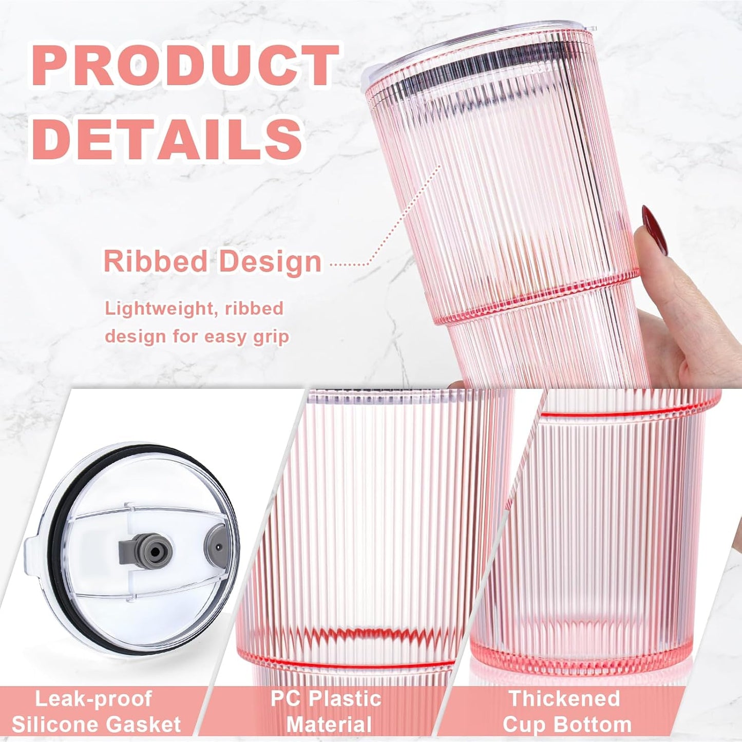 6 Pcs 20oz Plastic Ribbed Tumblers with Lid and Straws Green Plastic Reusable Iced Coffee Cups with Lid Unbreakable Vintage Ribbed Drinking Glasses Tumbler for Juice Smoothie Beverage with Clean Brush