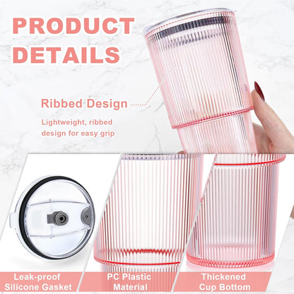 6 Pcs 20oz Plastic Ribbed Tumblers with Lid and Straws Green Plastic Reusable Iced Coffee Cups with Lid Unbreakable Vintage Ribbed Drinking Glasses Tumbler for Juice Smoothie Beverage with Clean Brush
