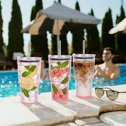 6 Pcs 20oz Plastic Ribbed Tumblers with Lid and Straws Green Plastic Reusable Iced Coffee Cups with Lid Unbreakable Vintage Ribbed Drinking Glasses Tumbler for Juice Smoothie Beverage with Clean Brush