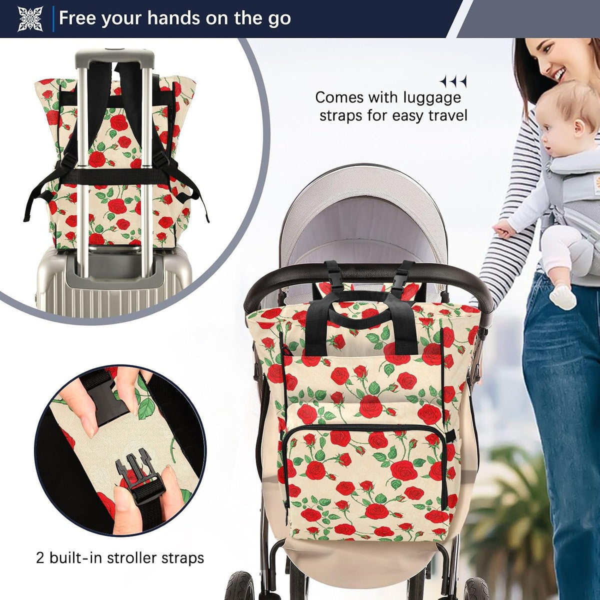 Diaper Bag Backpack, Multifunction Travel Bag for Moms Dads, Baby Changing Bag with Insulted Pockets, Stroller Straps and Side Bottle Pockets Timeless Rose Garden