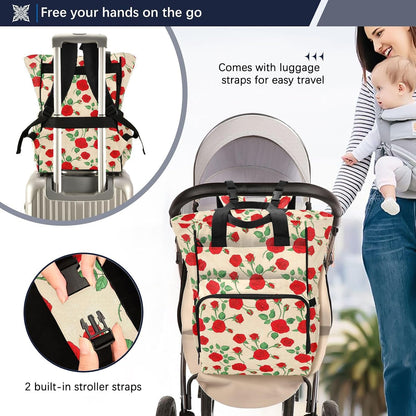 Diaper Bag Backpack, Multifunction Travel Bag for Moms Dads, Baby Changing Bag with Insulted Pockets, Stroller Straps and Side Bottle Pockets Timeless Rose Garden