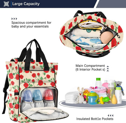 Diaper Bag Backpack, Multifunction Travel Bag for Moms Dads, Baby Changing Bag with Insulted Pockets, Stroller Straps and Side Bottle Pockets Timeless Rose Garden
