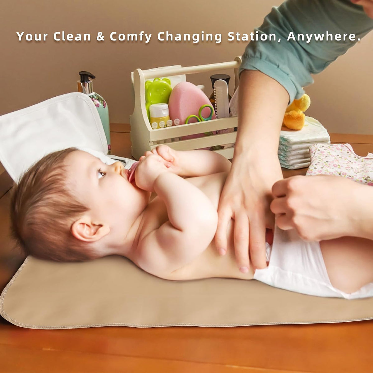Changing Pad for Bed - Leather Changing Pad for Baby, Portable Baby Changing Mat Travel, Compact Diaper Change Mat, Fits Diaper Bag Beige