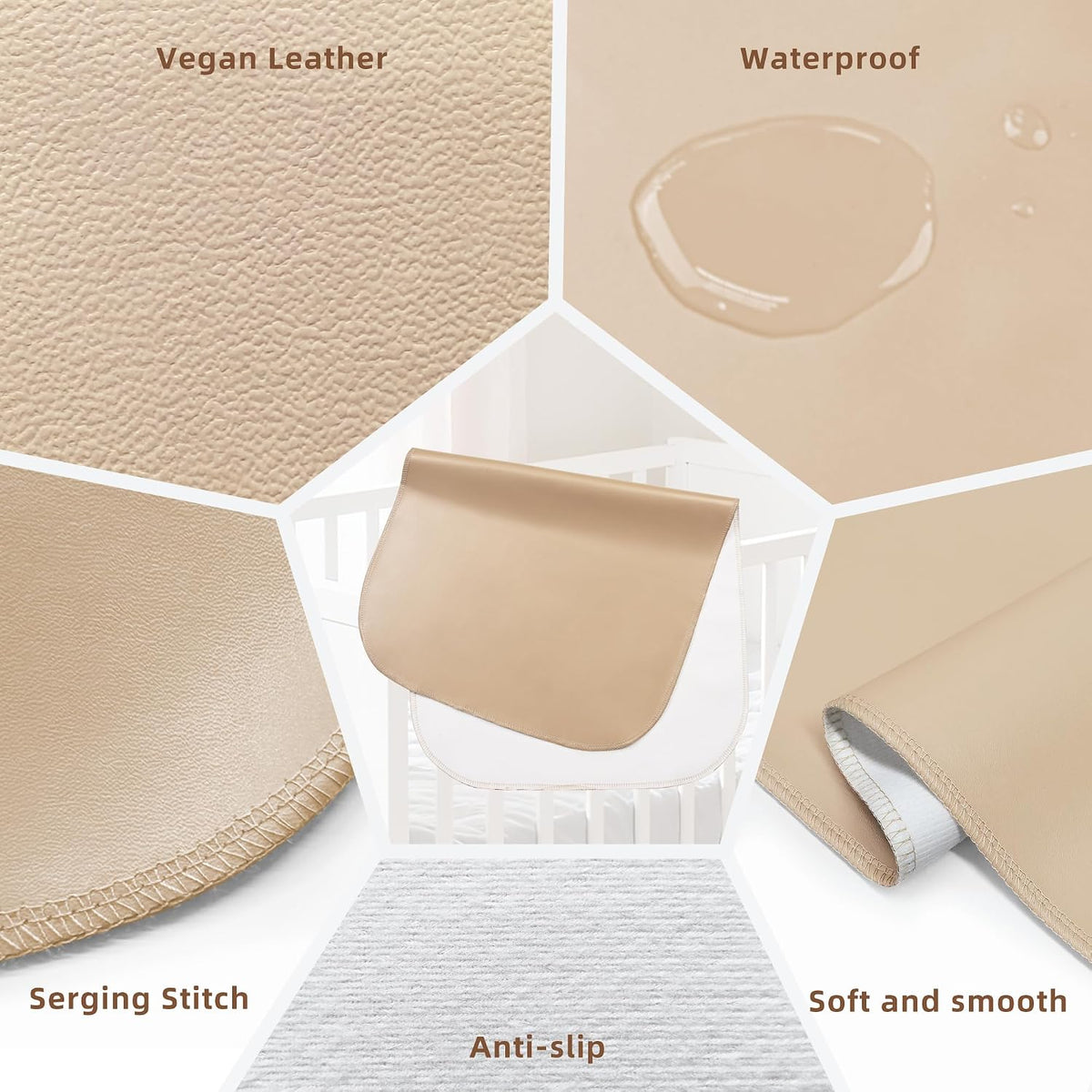 Changing Pad for Bed - Leather Changing Pad for Baby, Portable Baby Changing Mat Travel, Compact Diaper Change Mat, Fits Diaper Bag Beige