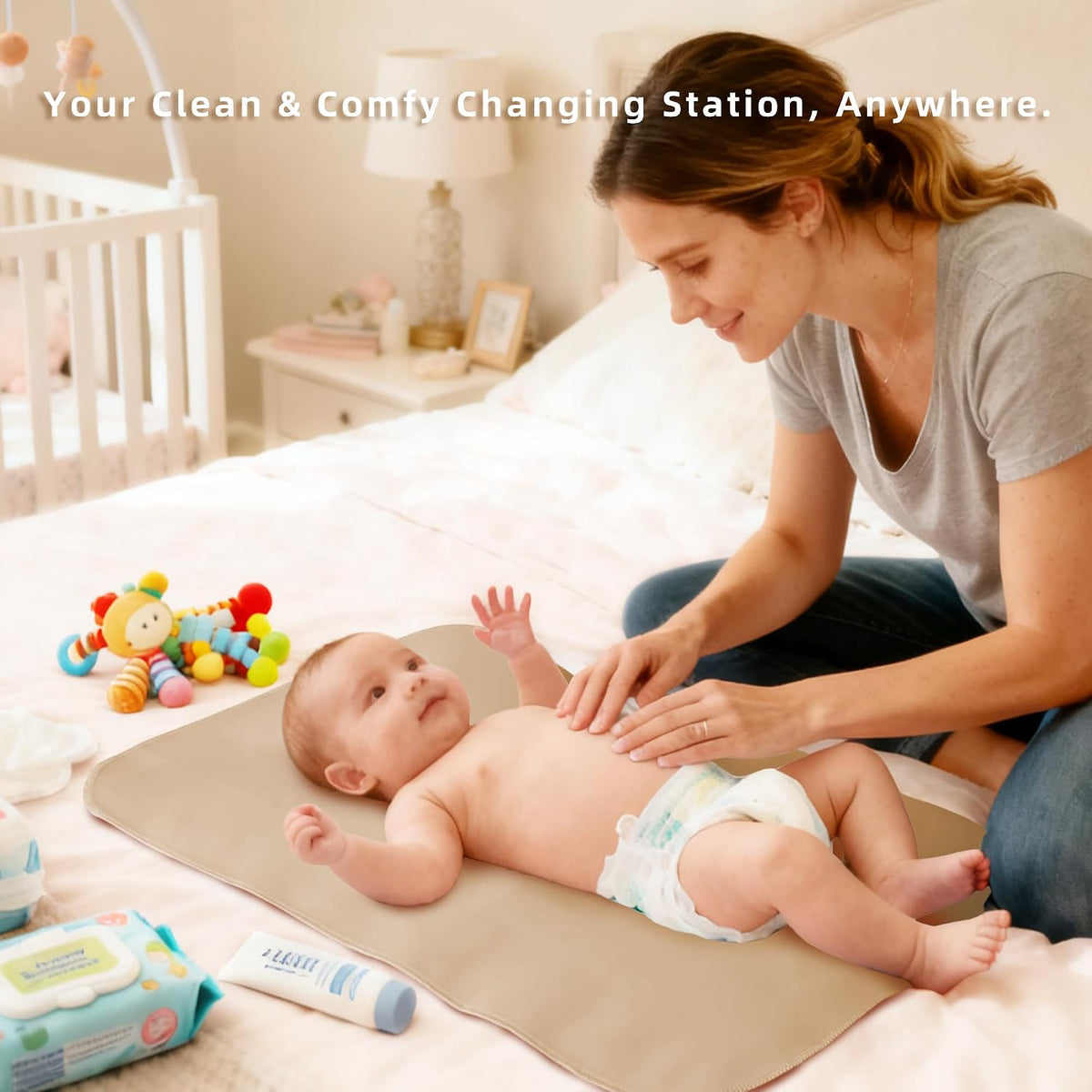 Changing Pad for Bed - Leather Changing Pad for Baby, Portable Baby Changing Mat Travel, Compact Diaper Change Mat, Fits Diaper Bag Beige
