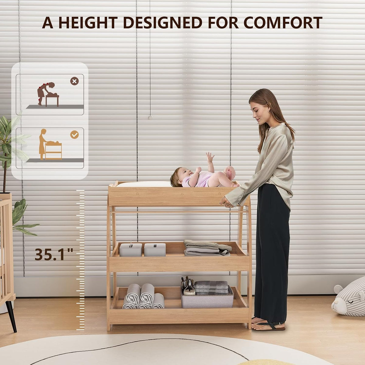 Baby Changing Table, Wood Diaper Changing Table with 2-Tier Storage Shelves, Wooden Baby Changing Station for Nursery, Modern Changing Table Dresser