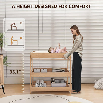 Baby Changing Table, Wood Diaper Changing Table with 2-Tier Storage Shelves, Wooden Baby Changing Station for Nursery, Modern Changing Table Dresser