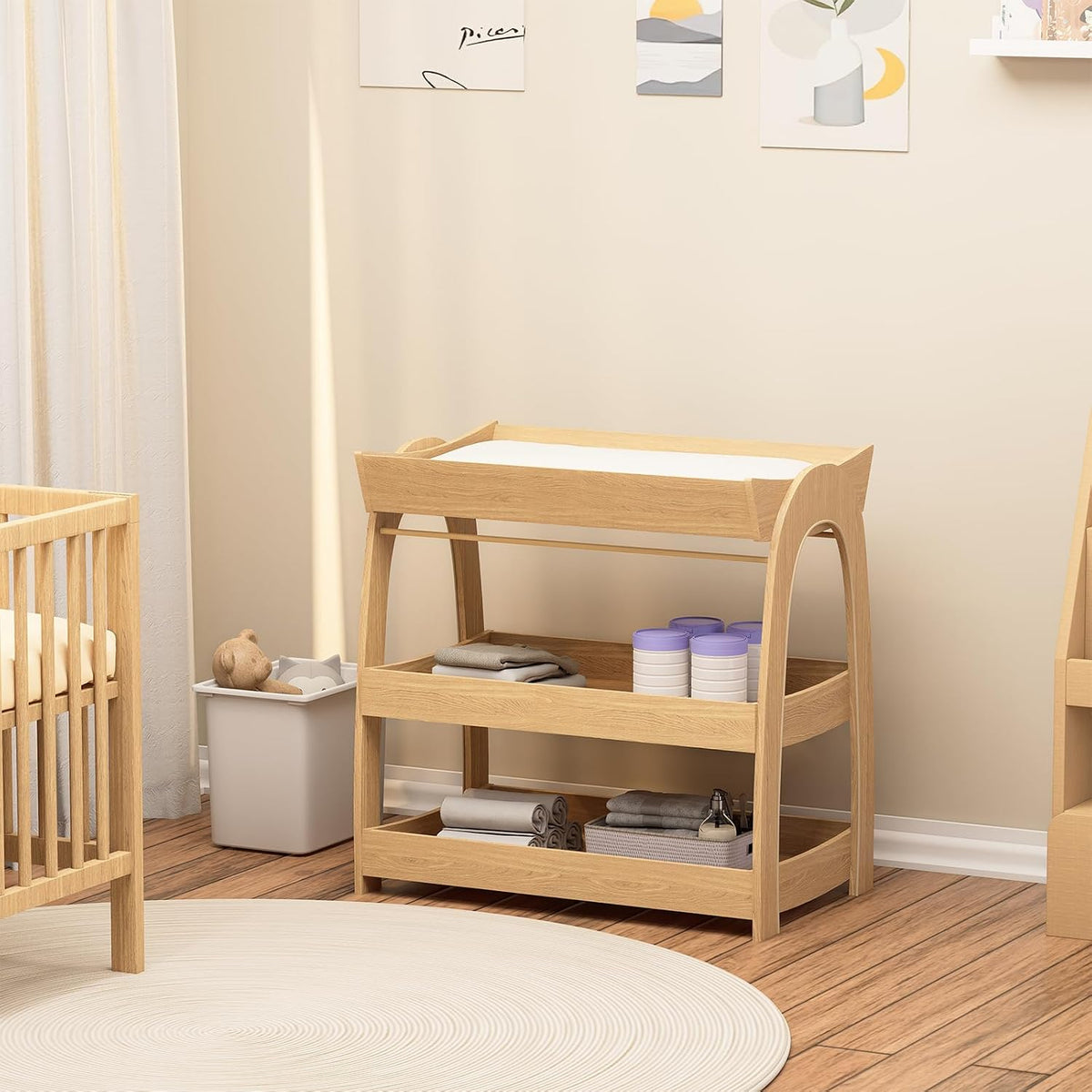 Baby Changing Table, Wood Diaper Changing Table with 2-Tier Storage Shelves, Wooden Baby Changing Station for Nursery, Modern Changing Table Dresser