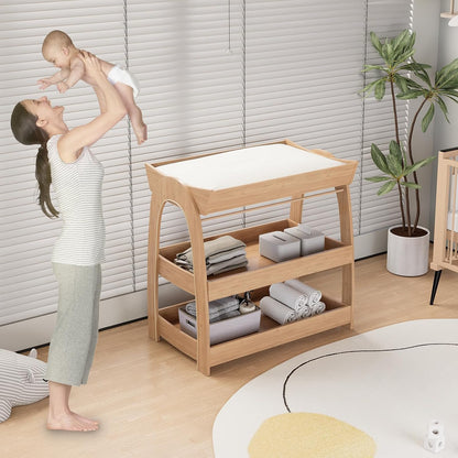 Baby Changing Table, Wood Diaper Changing Table with 2-Tier Storage Shelves, Wooden Baby Changing Station for Nursery, Modern Changing Table Dresser