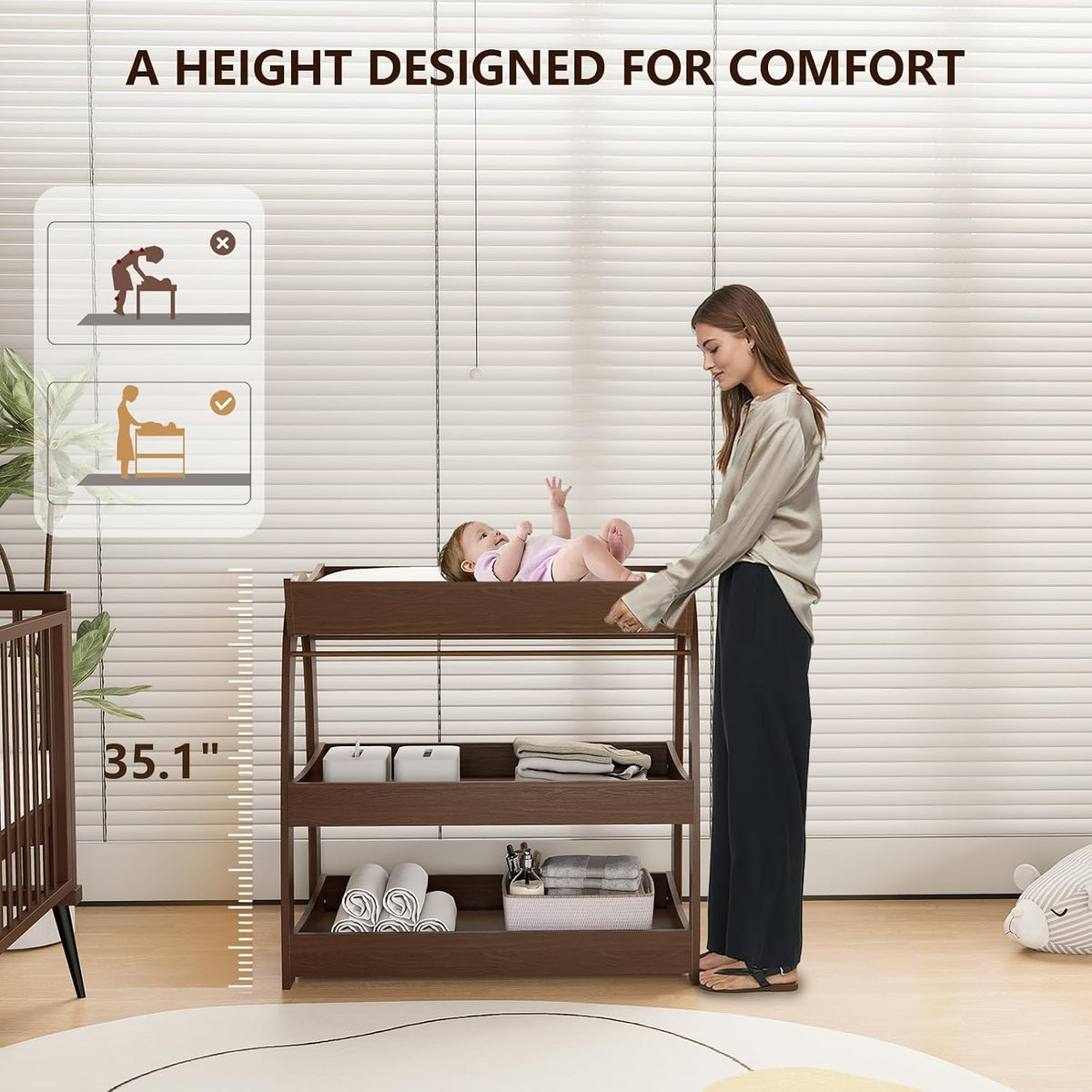 Baby Changing Table, Wood Diaper Changing Table with 2-Tier Storage Shelves, Wooden Baby Changing Station for Nursery, Modern Changing Table Dresser