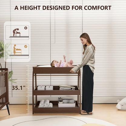 Baby Changing Table, Wood Diaper Changing Table with 2-Tier Storage Shelves, Wooden Baby Changing Station for Nursery, Modern Changing Table Dresser