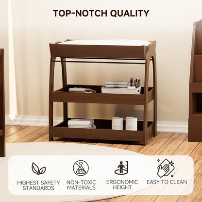 Baby Changing Table, Wood Diaper Changing Table with 2-Tier Storage Shelves, Wooden Baby Changing Station for Nursery, Modern Changing Table Dresser
