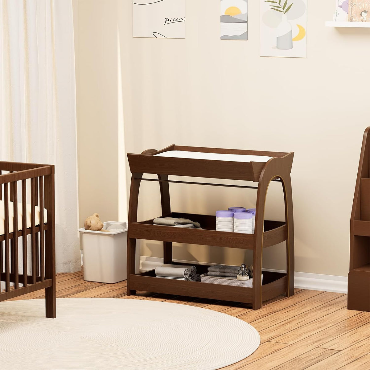 Baby Changing Table, Wood Diaper Changing Table with 2-Tier Storage Shelves, Wooden Baby Changing Station for Nursery, Modern Changing Table Dresser