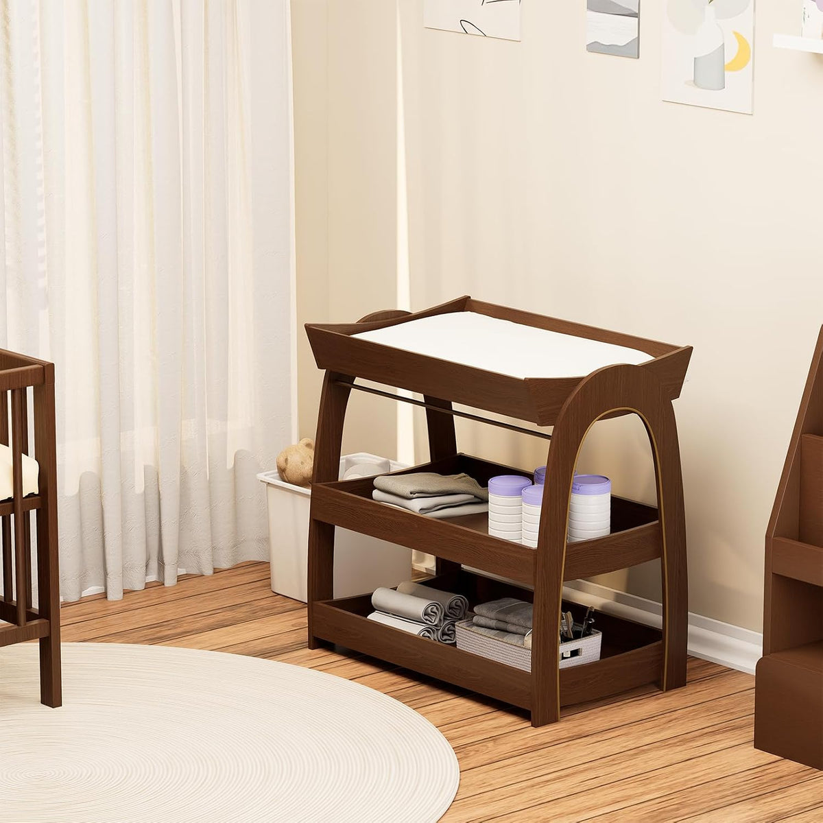 Baby Changing Table, Wood Diaper Changing Table with 2-Tier Storage Shelves, Wooden Baby Changing Station for Nursery, Modern Changing Table Dresser