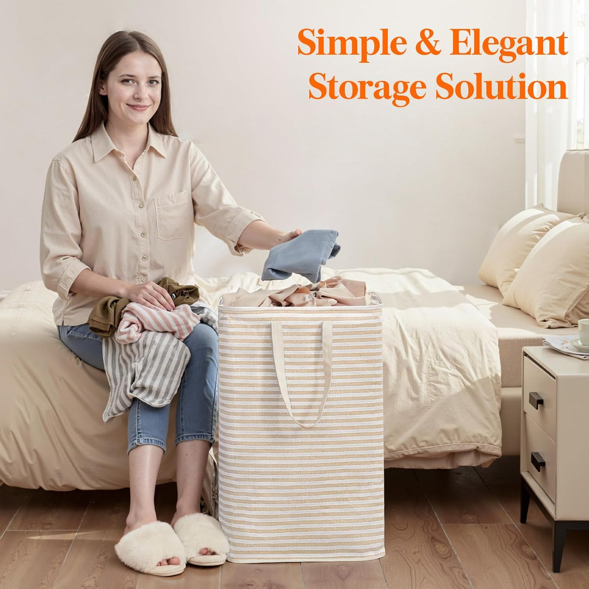 80L Large Laundry Baskets, 3 Pack, Reinforced Handles, Beige