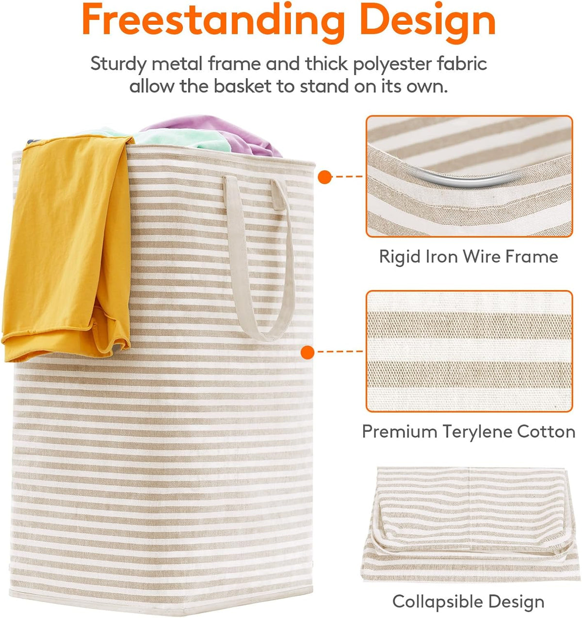 80L Large Laundry Baskets, 3 Pack, Reinforced Handles, Beige