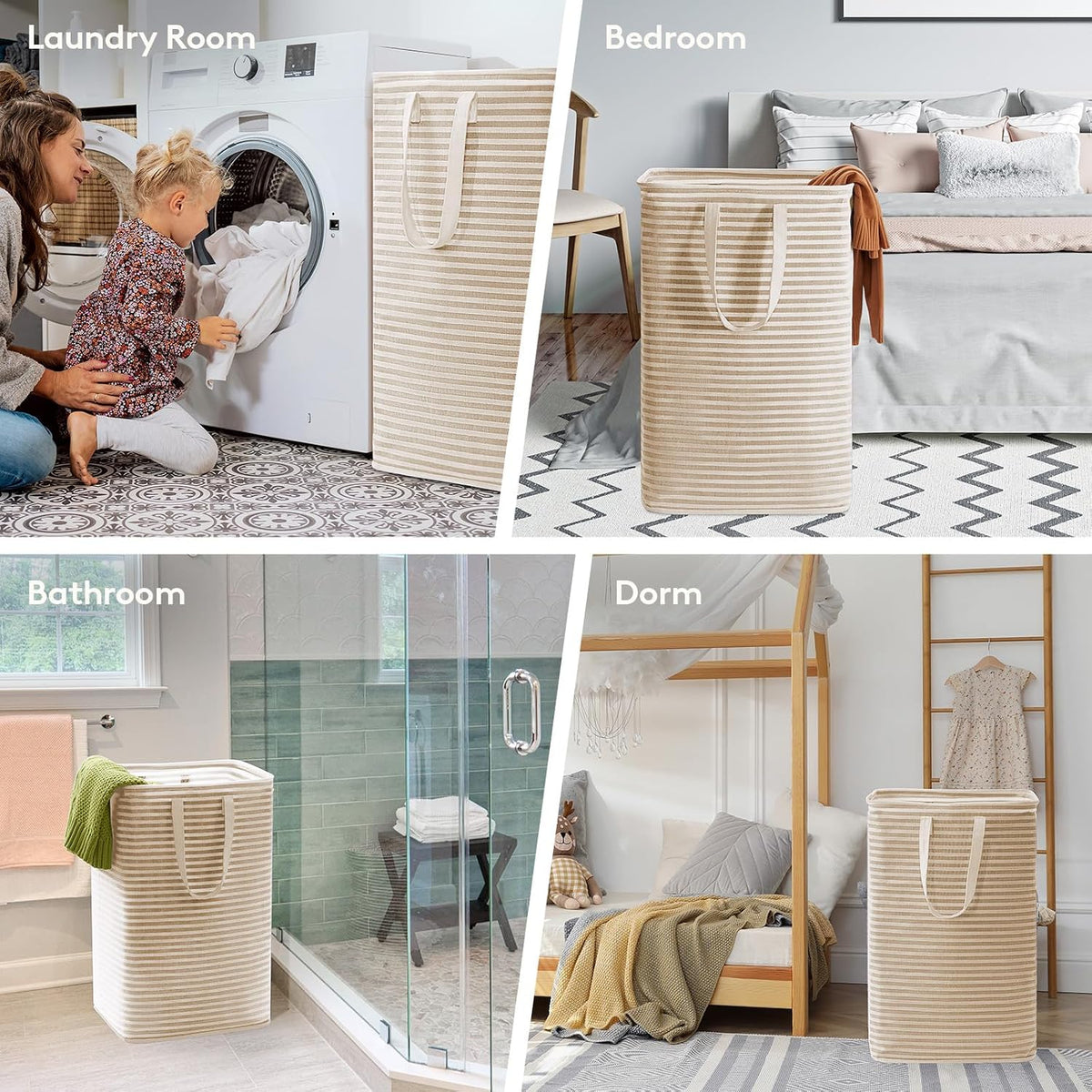 80L Large Laundry Baskets, 3 Pack, Reinforced Handles, Beige
