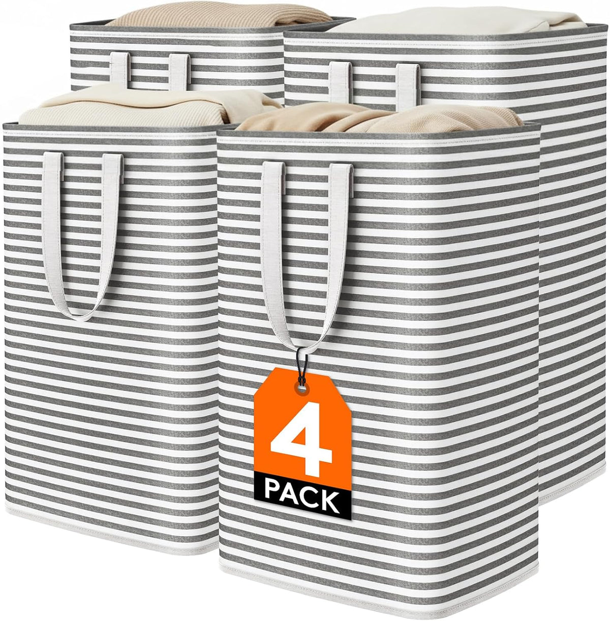 80L Large Laundry Baskets, 3 Pack, Reinforced Handles, Beige