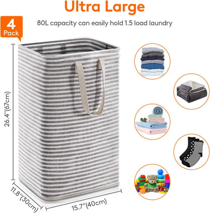 80L Large Laundry Baskets, 3 Pack, Reinforced Handles, Beige