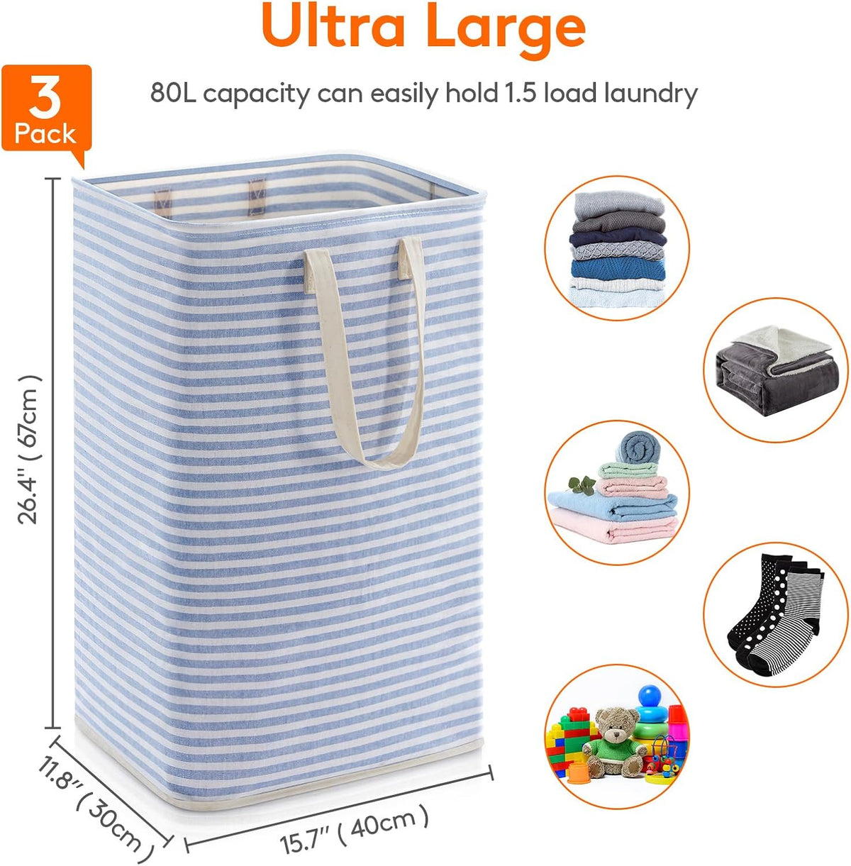 80L Large Laundry Baskets, 3 Pack, Reinforced Handles, Beige