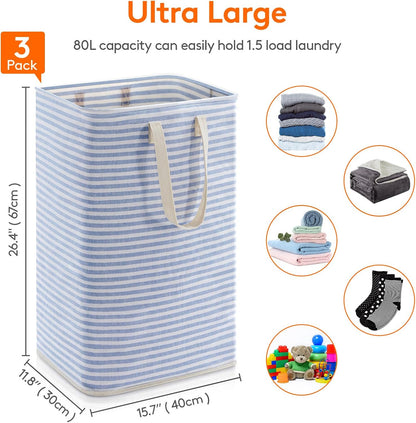 80L Large Laundry Baskets, 3 Pack, Reinforced Handles, Beige