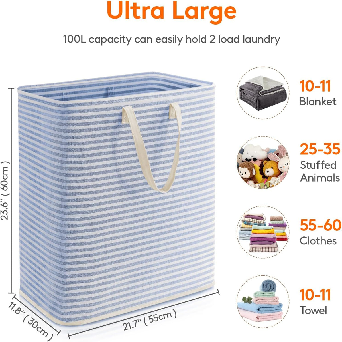 80L Large Laundry Baskets, 3 Pack, Reinforced Handles, Beige