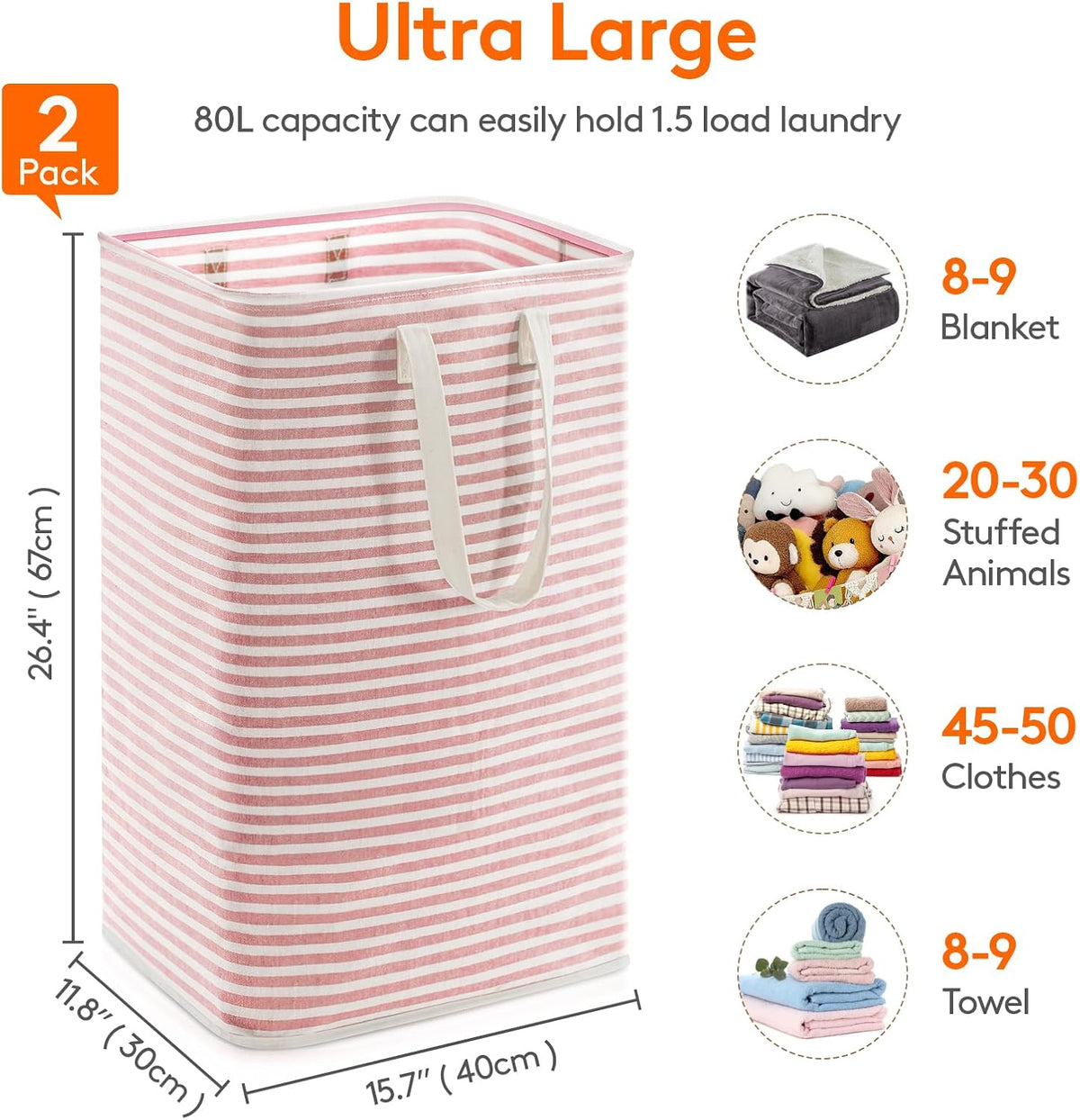 80L Large Laundry Baskets, 3 Pack, Reinforced Handles, Beige