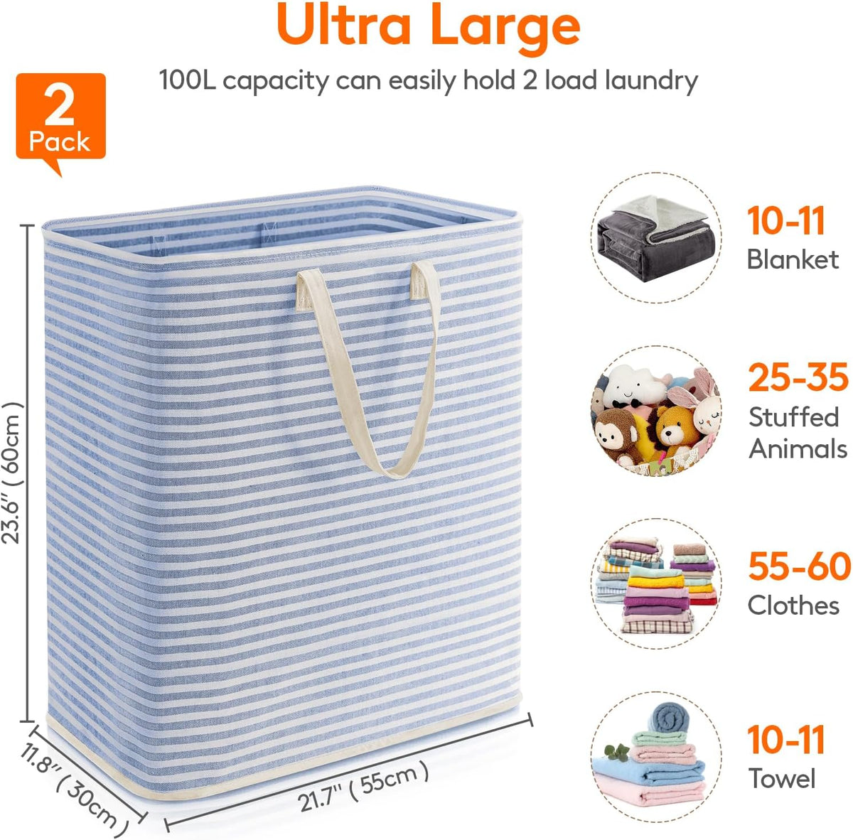 80L Large Laundry Baskets, 3 Pack, Reinforced Handles, Beige