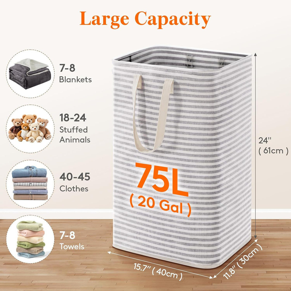 80L Large Laundry Baskets, 3 Pack, Reinforced Handles, Beige