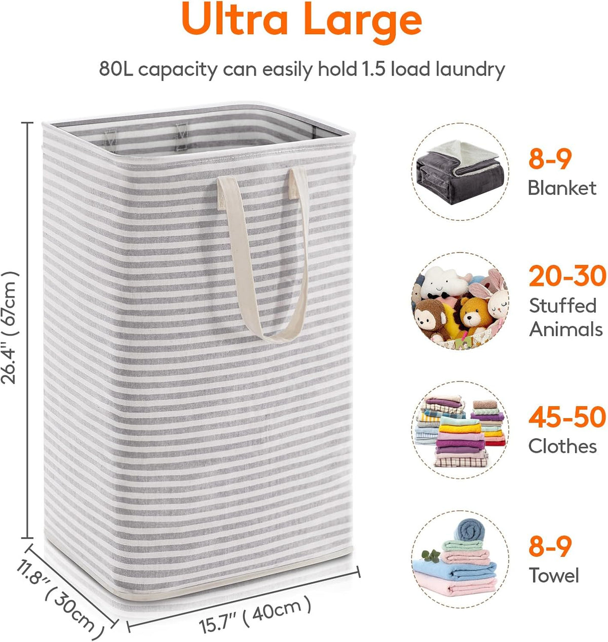 80L Large Laundry Baskets, 3 Pack, Reinforced Handles, Beige
