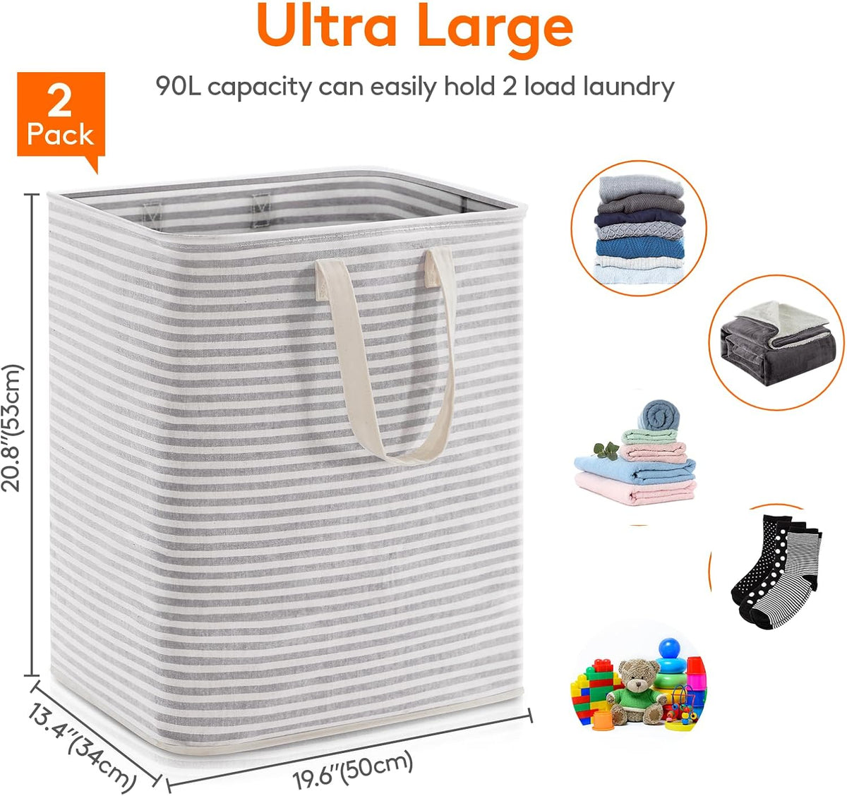 80L Large Laundry Baskets, 3 Pack, Reinforced Handles, Beige