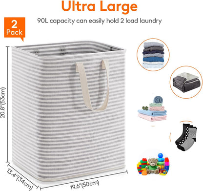 80L Large Laundry Baskets, 3 Pack, Reinforced Handles, Beige