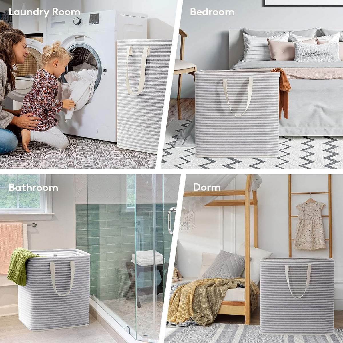 80L Large Laundry Baskets, 3 Pack, Reinforced Handles, Beige