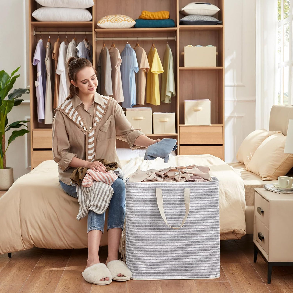 80L Large Laundry Baskets, 3 Pack, Reinforced Handles, Beige