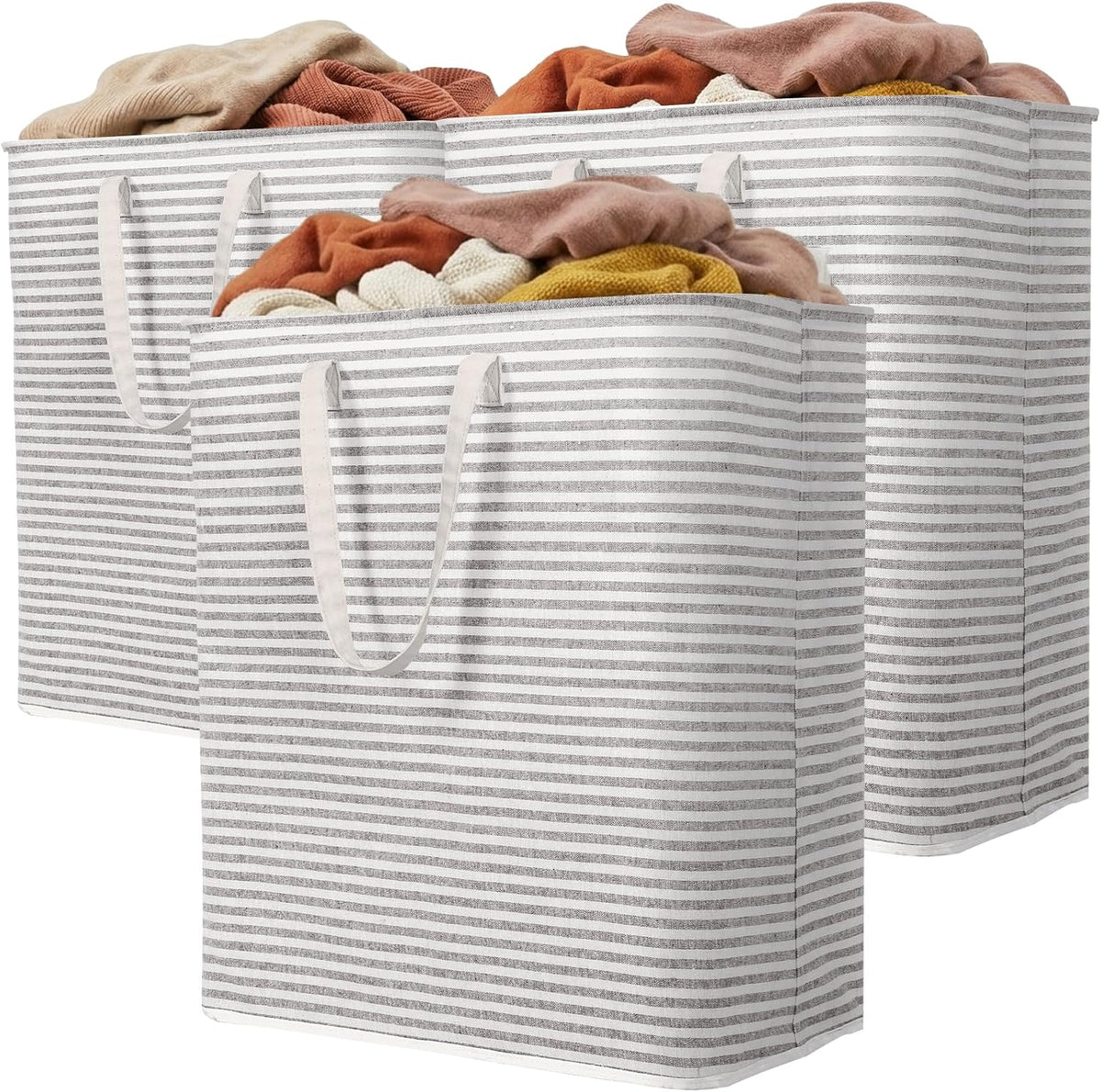 80L Large Laundry Baskets, 3 Pack, Reinforced Handles, Beige