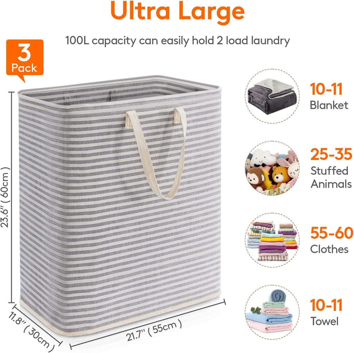 80L Large Laundry Baskets, 3 Pack, Reinforced Handles, Beige