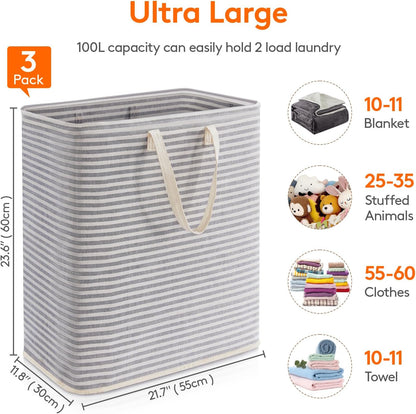 80L Large Laundry Baskets, 3 Pack, Reinforced Handles, Beige