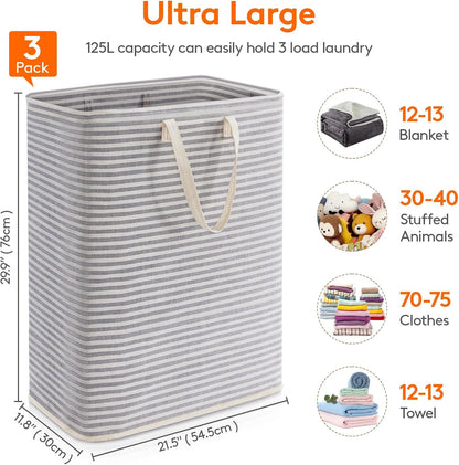 80L Large Laundry Baskets, 3 Pack, Reinforced Handles, Beige